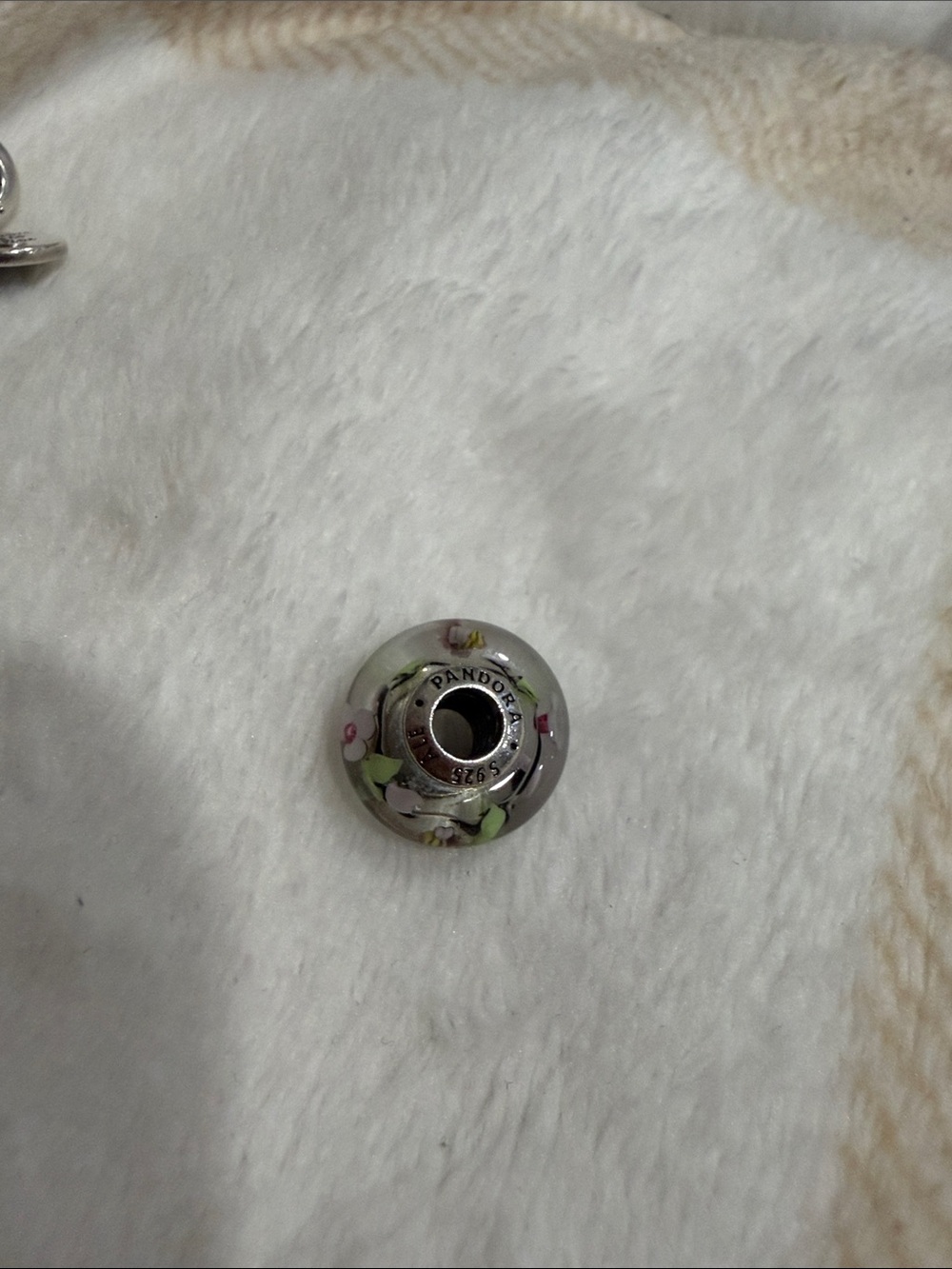 Pandora White Glass Charm with Pink and Green Floral Accents